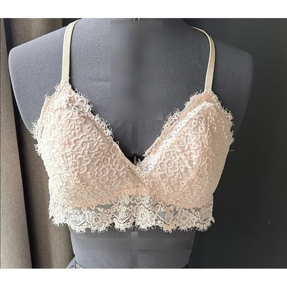 Aerie Lace Bralette Peach Pink Gold‎ Shimmer T-Back Size Large